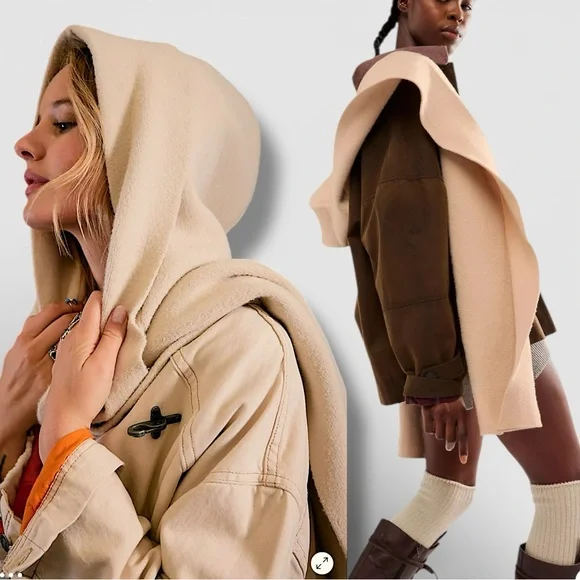 NWT FREE PEOPLE All For You Hooded Scarf In tan/beige/mushroom•extra long &wide - Picture 16 of 16